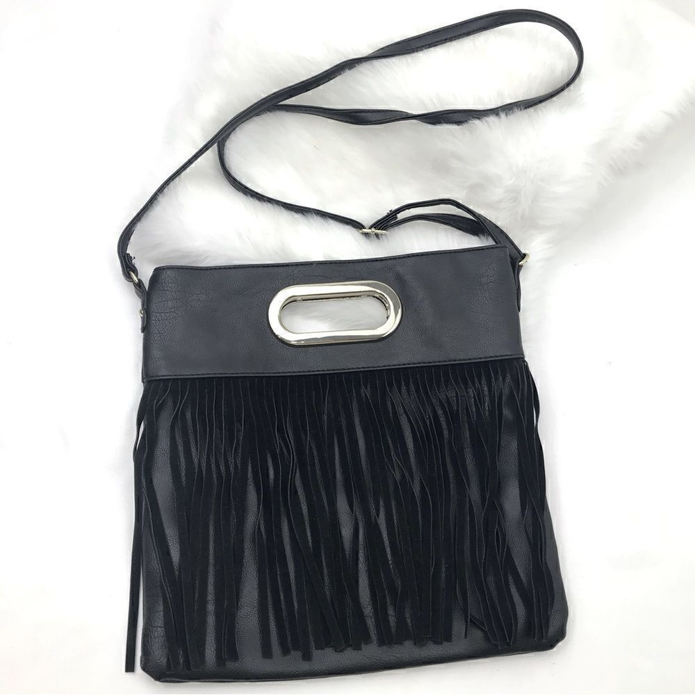 Black Vegan Leather and Suede Fringe Clutch Crossbody Bag
